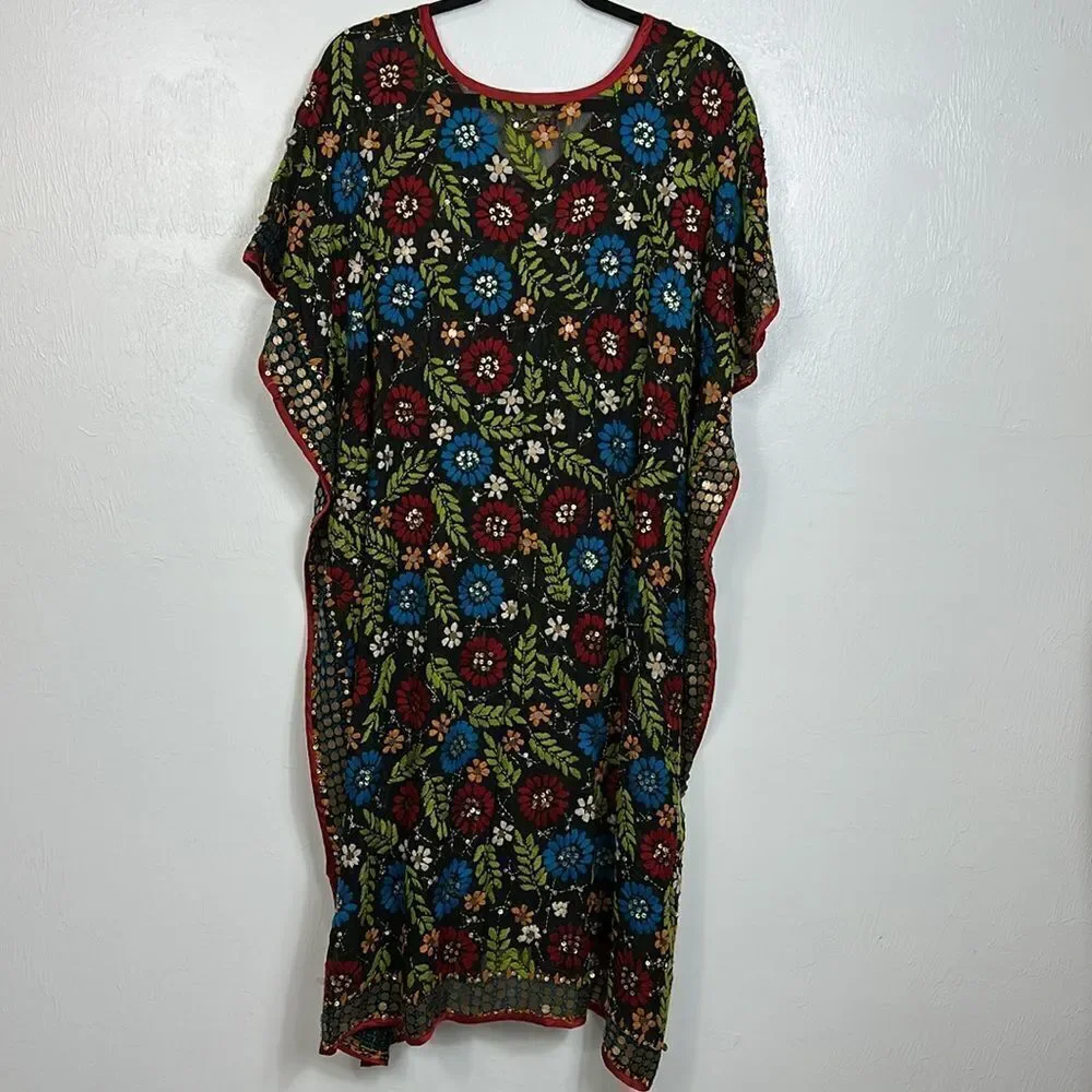 Burlingtons Colorful Floral Print V-neck Kaftan Midi Dress One Size